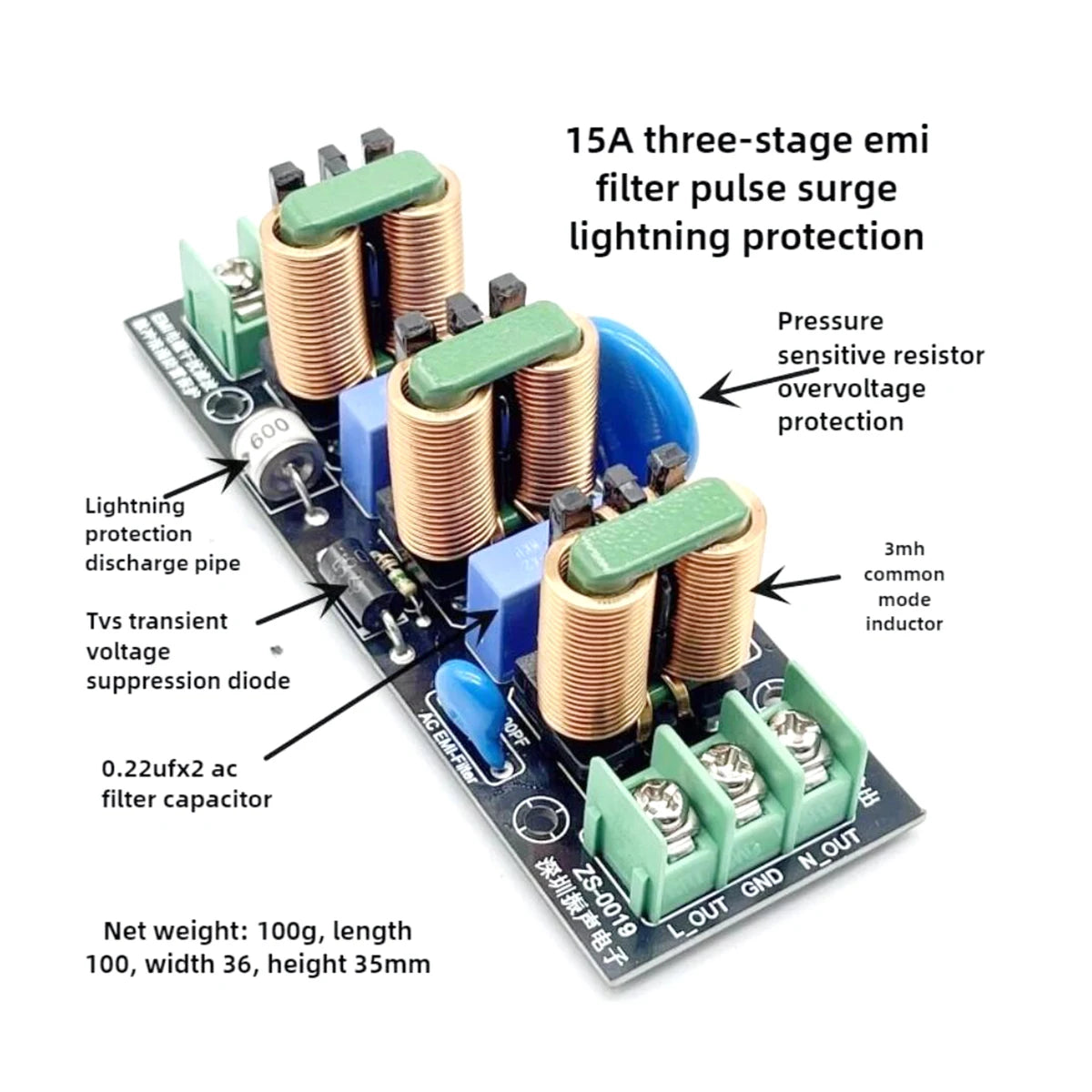AC 220V/110V EMI Power Filter FCC 3-Stage Noise Suppressor for Hi-Fi Amplifier, Audiophile Grade Purifier Lightning Protection