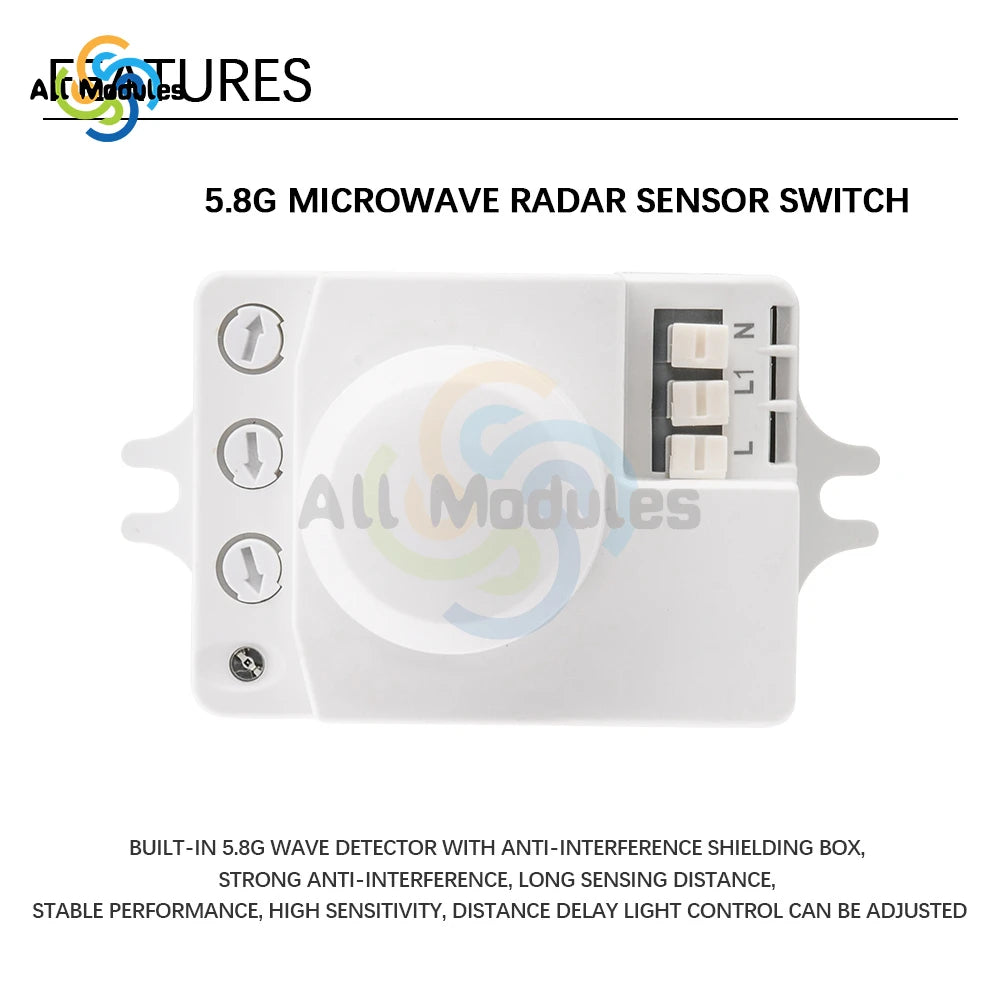 AC 220V 5.8GHz Microwave Radar Sensor Switch Human Body Motion Induction Sensor for LED Light Sensors Switches