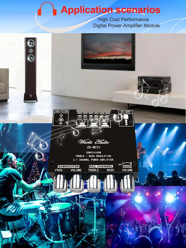 MT21 2.1 Channel Bluetooth 5.0 Audio Amplifier Board 100W Subwoofer 50W*2 L/R Stereo Amp Module Bass Treble Control AUX Input DC12-24V for Home Speaker DIY