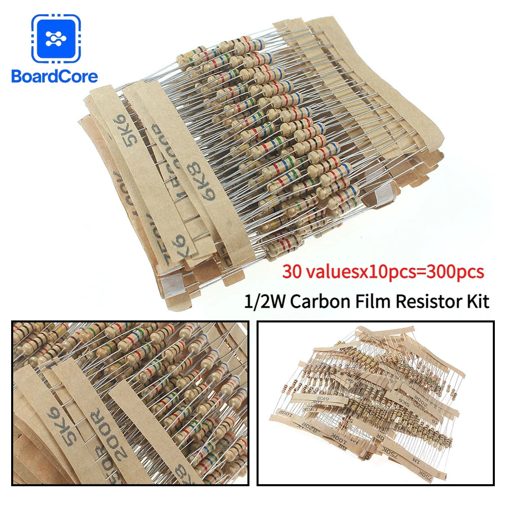 300PCS 0.5W Carbon Film Resistor Kit 30 Values 1 Ohm ~ 3M 1/2W 5% Color Ring Resistance Assortment Set for Circuit Repair