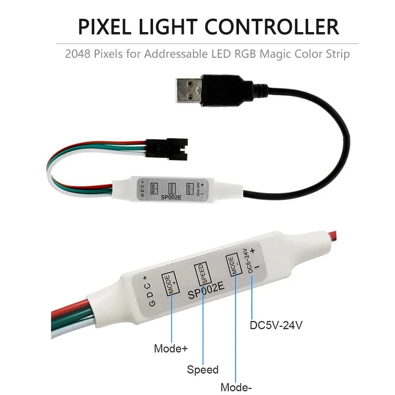 SP002E Mini 3Key LED Controller USB DC For RGBIC WS2812B UCS1903 SK6812 Addressable Pixels LED Strip Lights DC5V-24V