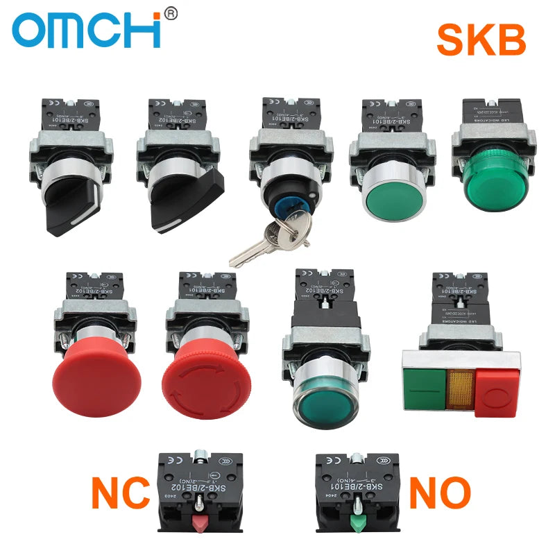 OMCH Button Switch Self Reset SKB2 Small Mushroom Head Emergency Stop 22mm Knob Key Start Inching Power On