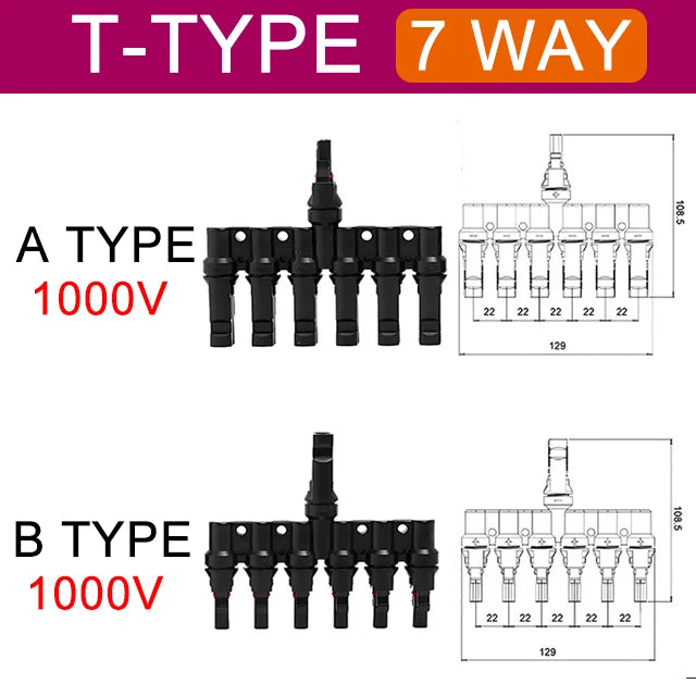 MC4 Solar Connector T Type Y Branch PV Panel Parallel Connection Waterproof IP67 Male Female 2Pcs Solar Cell Plug