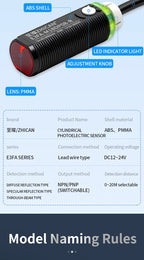 ZHICAN E3FA M18 Cylindrical Photoelectric Sensor Long Range Diffuse Reflective Through Beam Retro Reflective NPN PNP