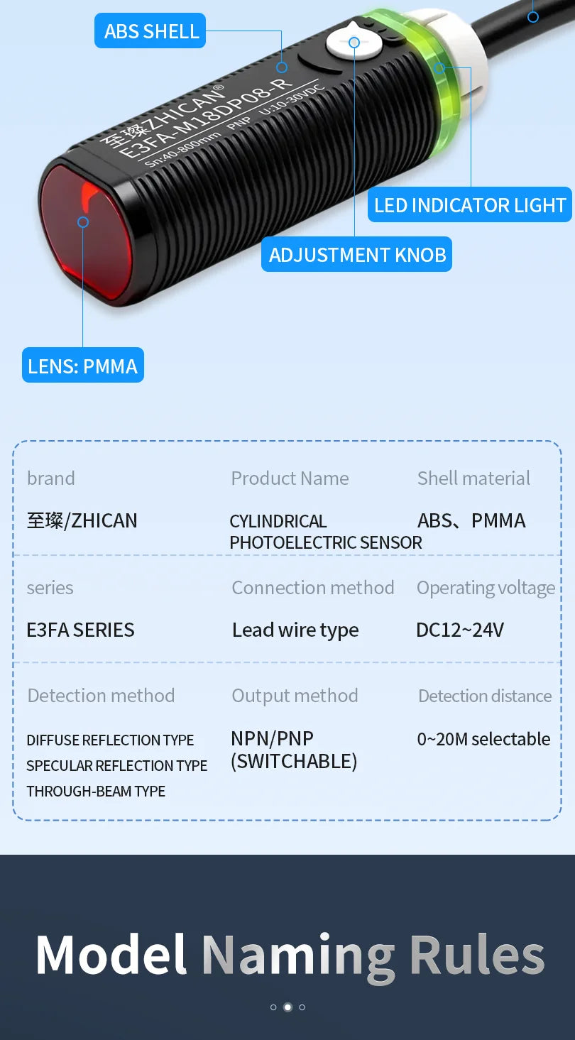 ZHICAN E3FA M18 Cylindrical Photoelectric Sensor Long Range Diffuse Reflective Through Beam Retro Reflective NPN PNP