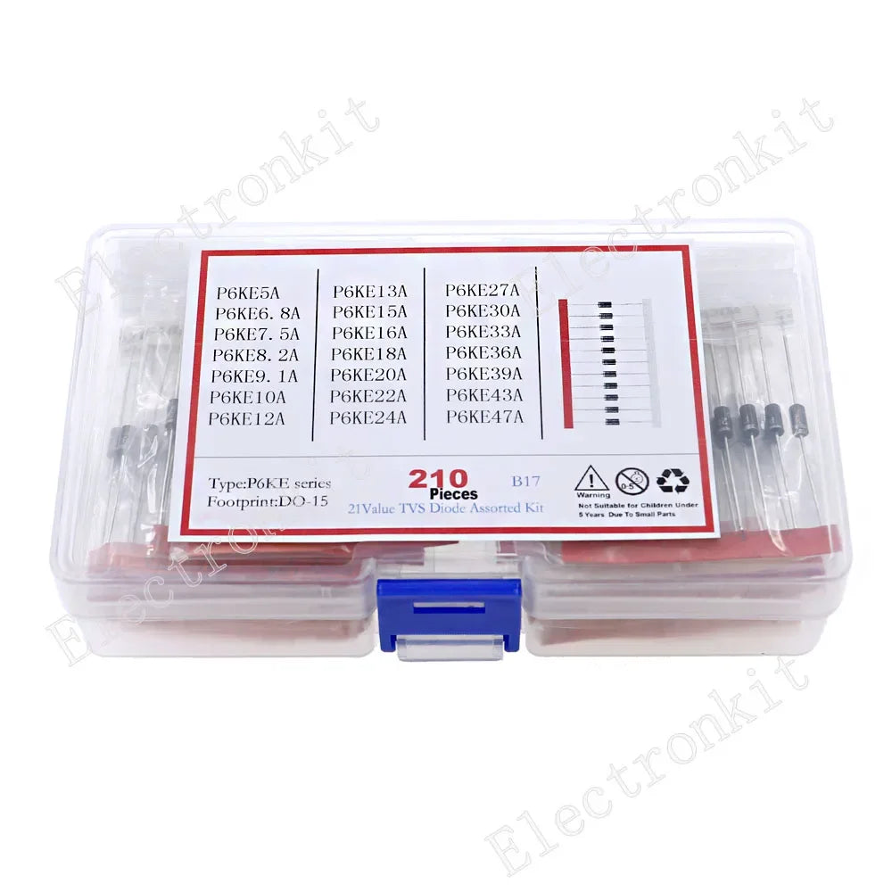 210Pcs 21Value One Two Way TVS Diode Assort Kit P6ke6.8A 8.2A 9.1A 10A 12A 13A 15A 16A 20A 22A 24A 27A 30A 33A 36A 39A 43A 47CA