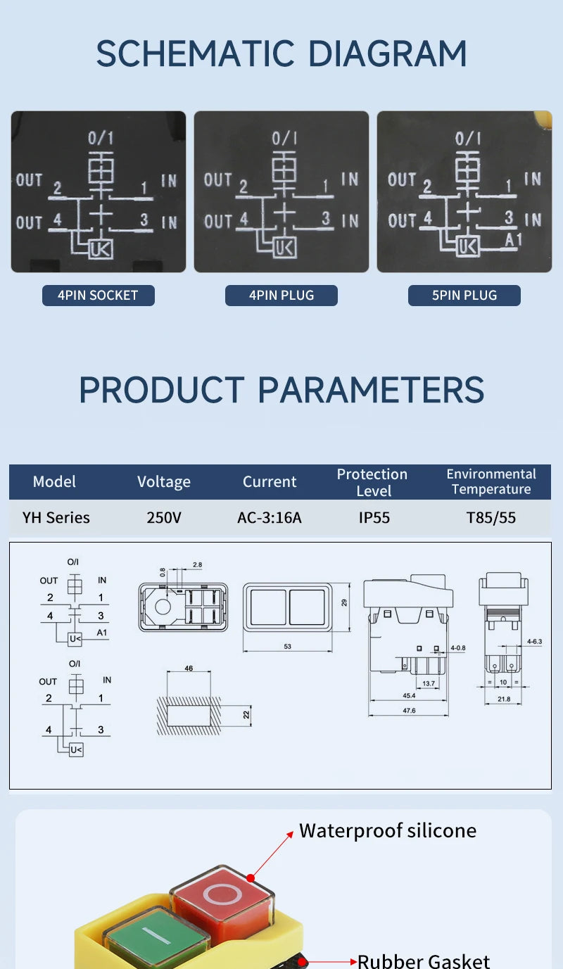 YH02A Electromagnetic Starter Push Button Switches Machine Tool Equipment IP55 Waterproof Safety Witch 28A Replace KLD28A KJD17A