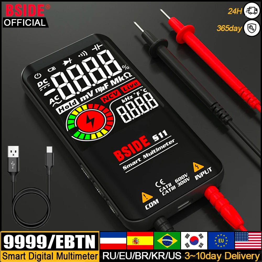 BSIDE Profesional Digital Multimeter Smart 9999 EMF Multitester DC AC Voltage Capacitor Ohm Diode Live Electric Tester USB charg