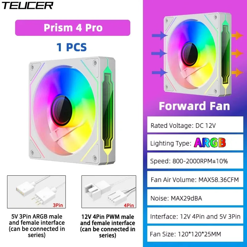 TEUCER Prism4 Forward/Reverse Fans 120MM 5V 3PIN ARGB 12V 4PIN PWM  2000RPM Hydraulic Bearing Design Stable&Quiet For Gamer