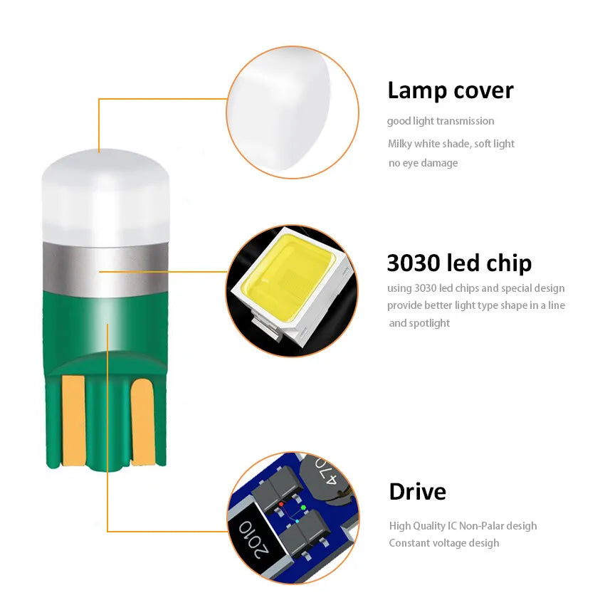 4 Pcs Super Bright 3030 SMD T10 LED W5W Car Dome Light Auto Clearance Reading Lamp 12 Vehicle Door Bulb Accessories White 6000K