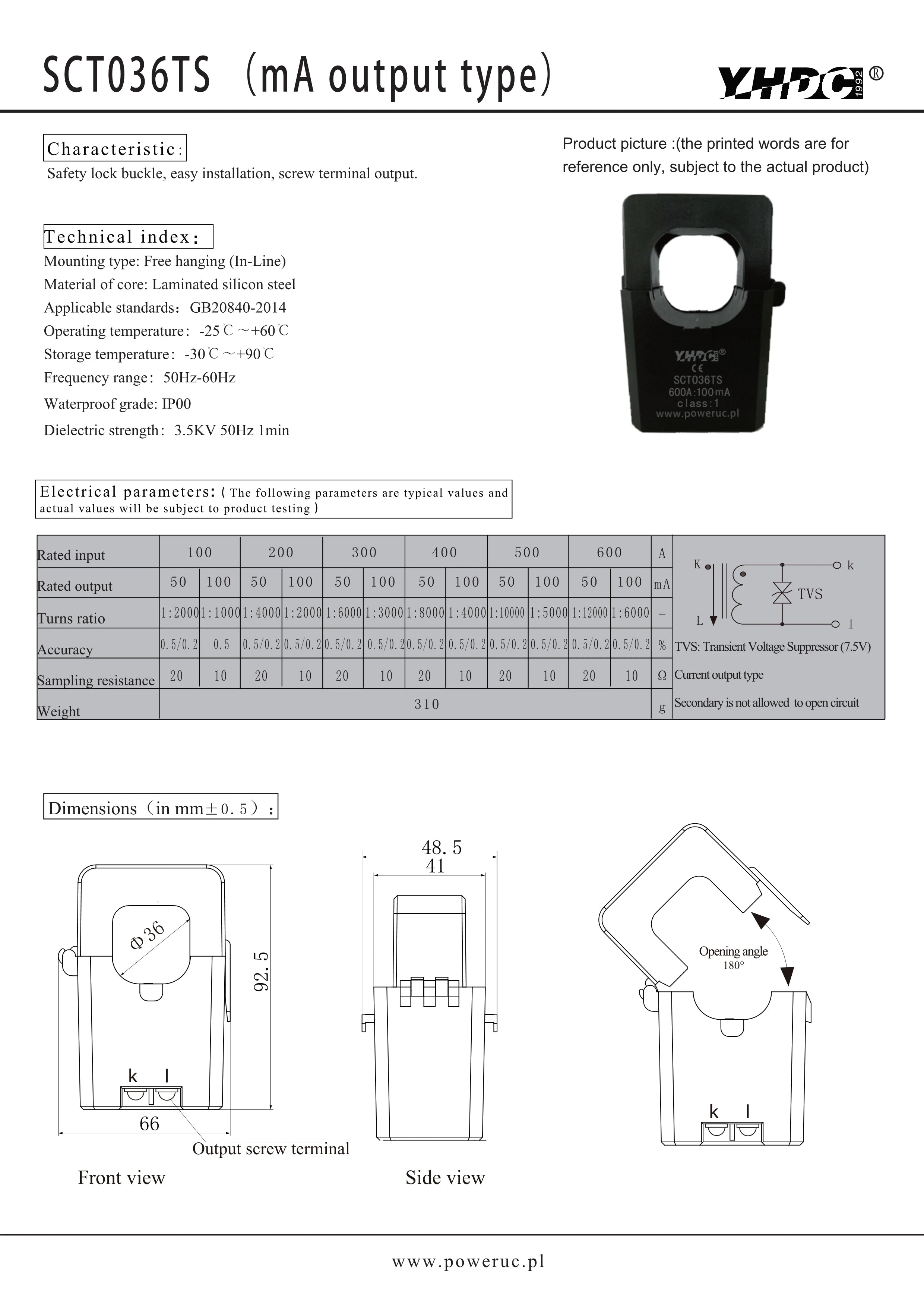YHDC SCT036TS Input 100A/200A/300A/400A/500A/600A Output 50mA/0.1A Accuracy 0.5%Split Core Current Sensor AC Current Transformer