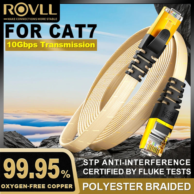 ROVLL CAT7 Ethernet Cable Flat Lan Cable STP Round RJ45 Network Cable Cat 7 Internet Cord 10Gbps Braided Patch Cord