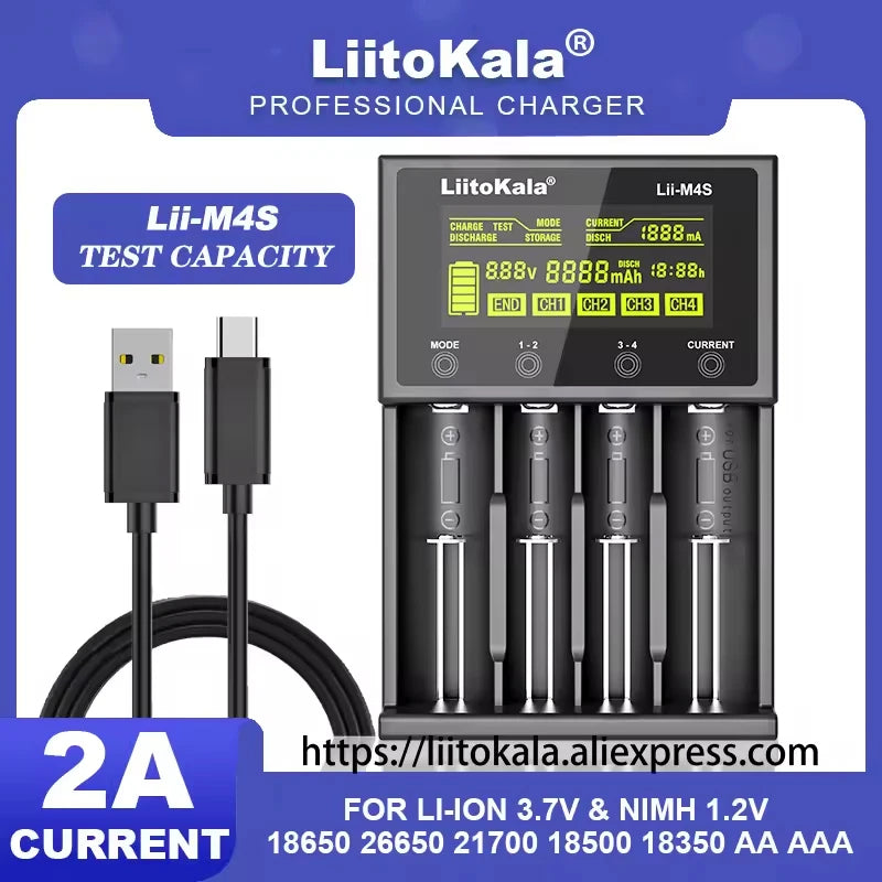 LiitoKala Lii-M4 M4S 18650 LCD Display Smart Charger Test Capacity Suitable For 3.7V 26650 18350 21700 18500 1.2V AA AAA 4 Slots