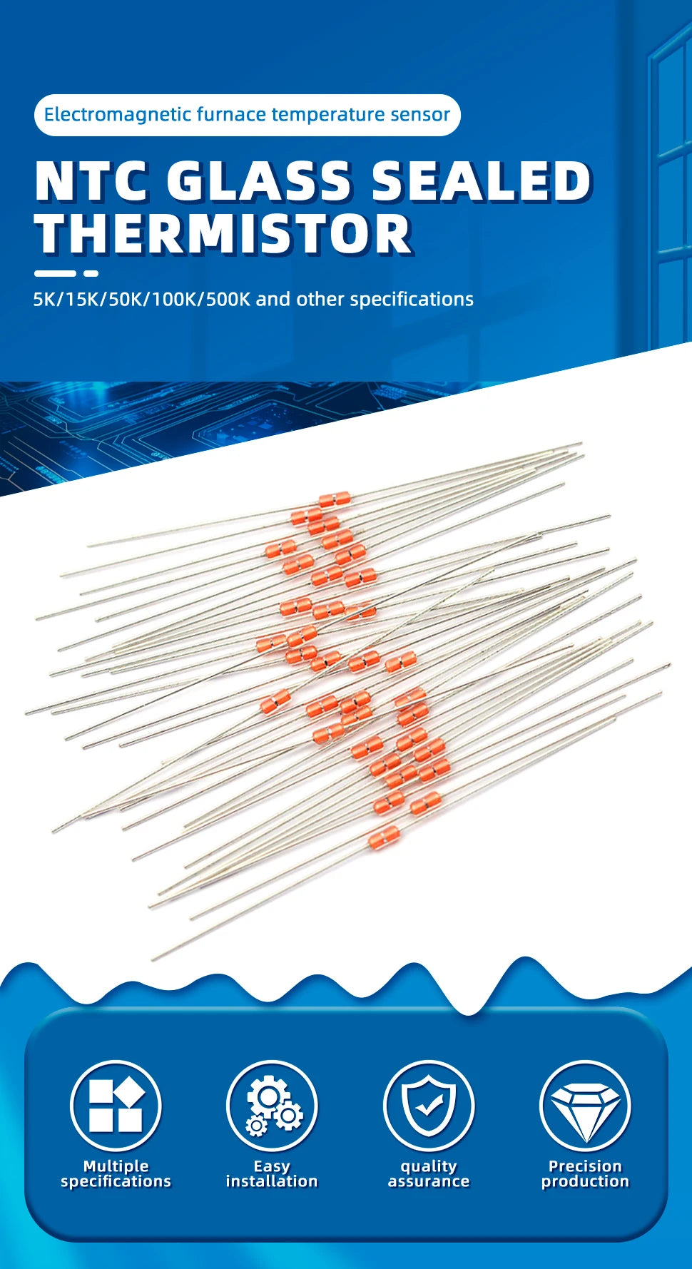 20Pcs Glass Sealed Thermistor Resistor NTC MF58 3950 B 5% 5K 10K 15K 50K 100K 200K 500K Ohm Induction Cooker Temperature Sensor