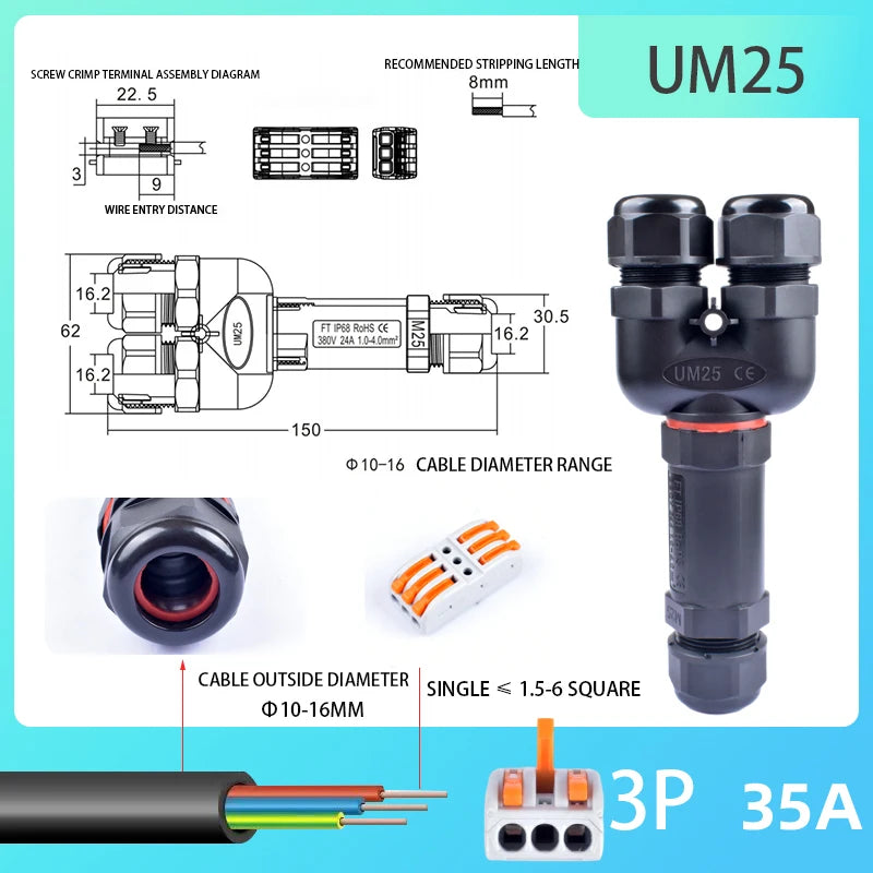 IP68 Waterproof Connector Outdoor LED Lighting Sealed Connector  Assembly Type Wire And Cable Quick Terminal Connector 2/3/4/5P