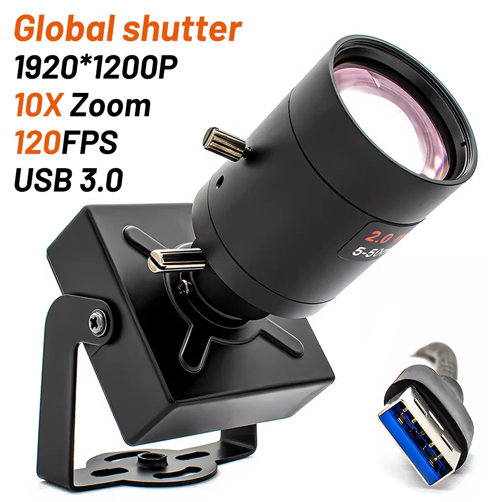 10X Zoom USB3.0 Global Shutter Camera Industrial Metal Box 2.3MP 120FPS High Frame Rate Varifocal Lens Plug Play For Video Live