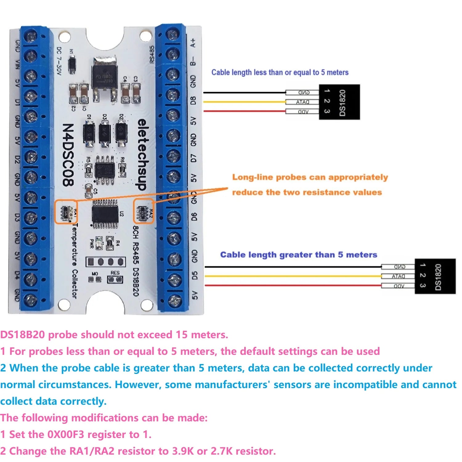 Modbus RS485 Analog IO Module Paperless Recorder Board 8-Way 1-Wire DS18B20 Digital Temperature Sensor