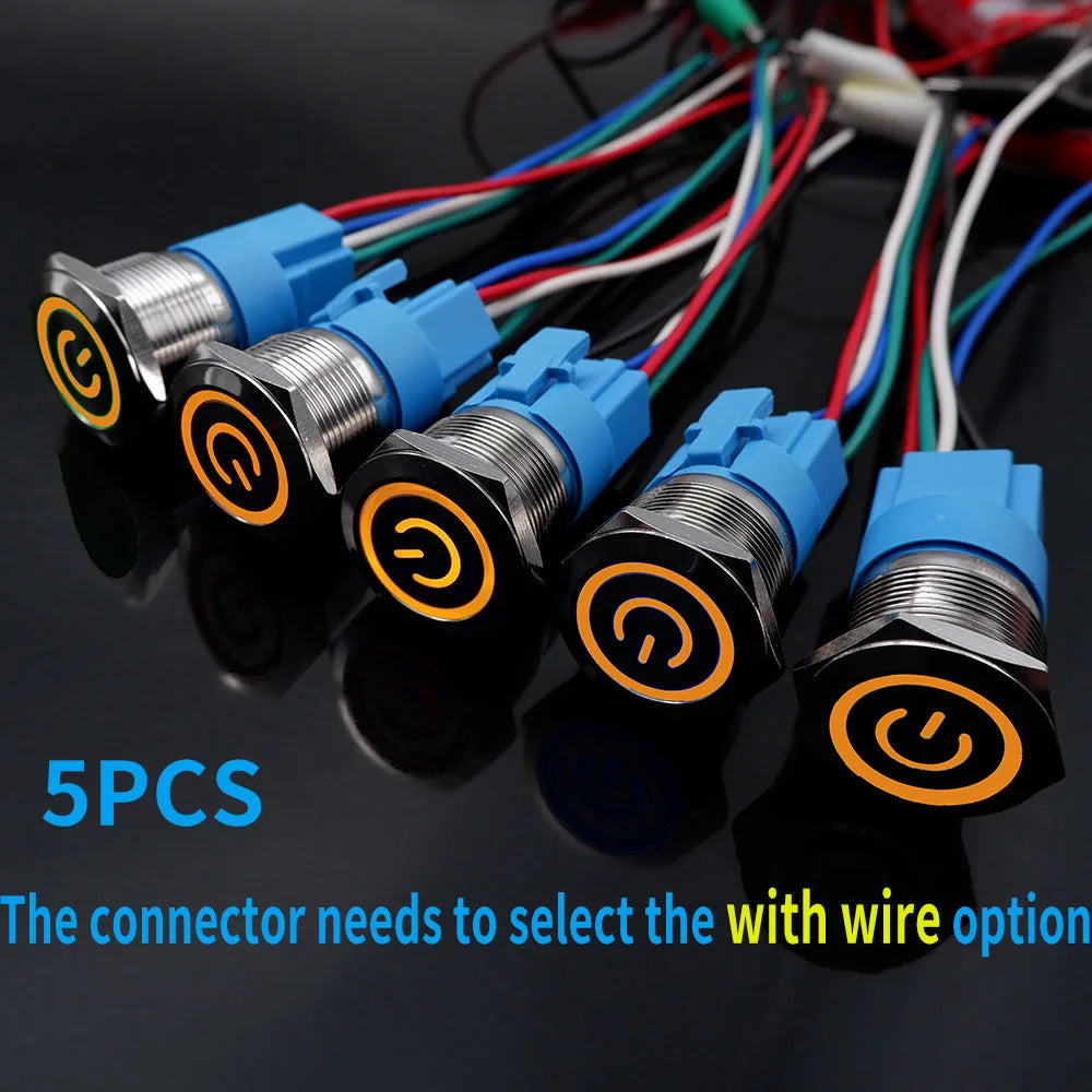5PCS 16/19/22MM Waterproof Metal Push Button Switch LED Light Momentary Latching Car Engine Power Switch Socket 5V 12V 24V 220V