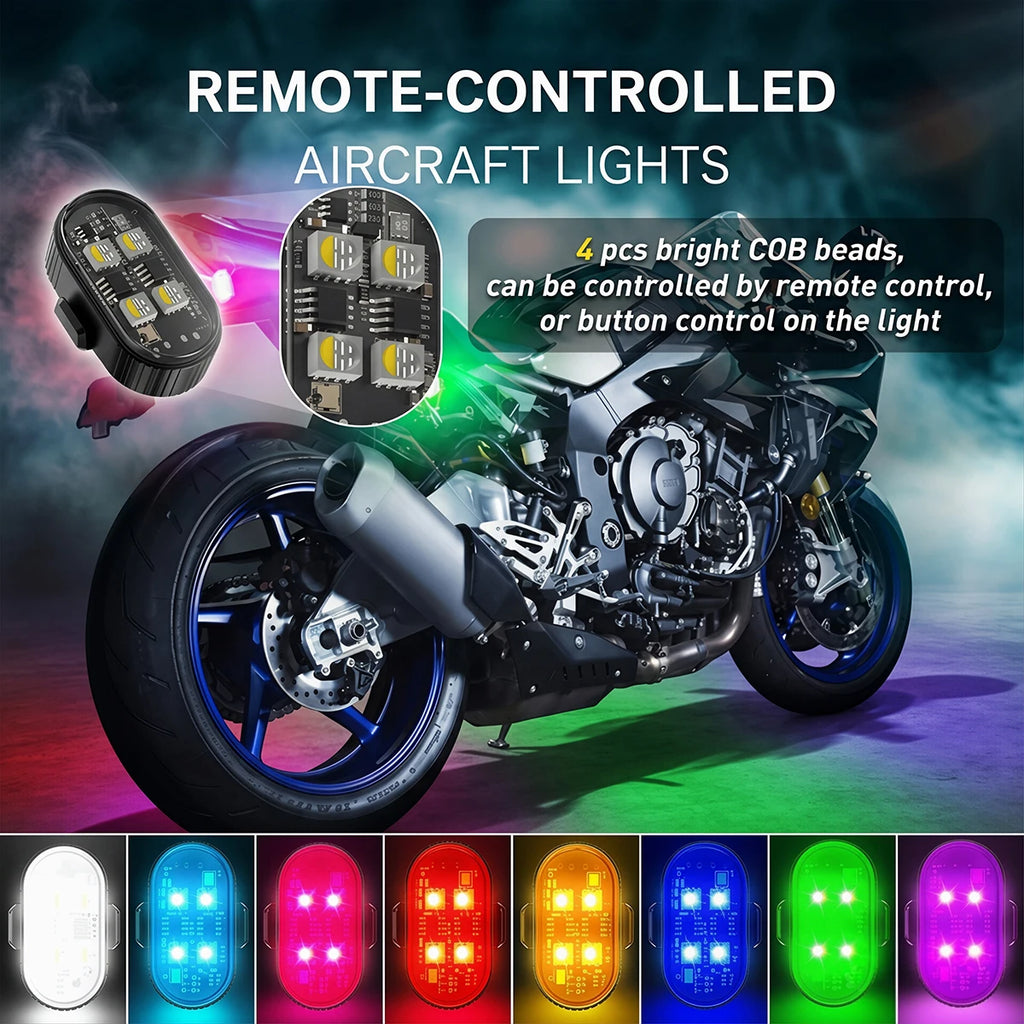 RGB LED Strobe Light Motorcycle LED Flash Wireless Remote Control Aircraft Airplane Helicopter Warning Lights with USB Charging
