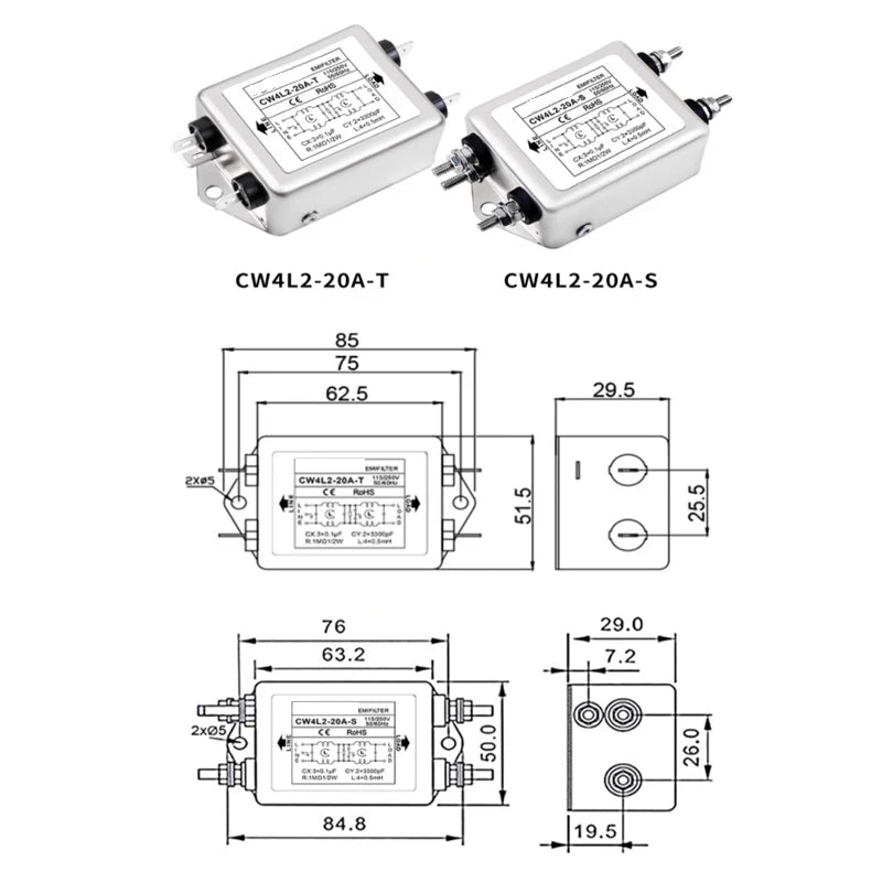 Single Phase AC Power EMI Filter CW4L2-10A-T/S CW4L2-20A-T/S for CO2 Laser Engraving Machine T/S Series 115V/250V 20A 50/60HZ