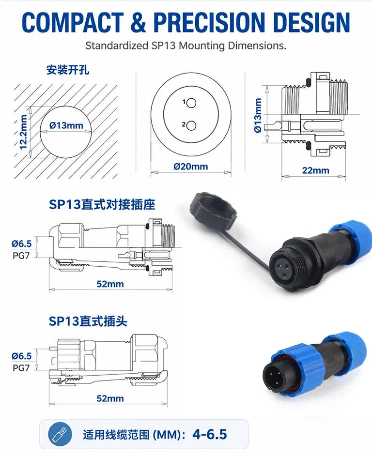 SP13 Waterproof Aviation Connector IP68 Cable to Cable In-line Plug Socket 2 3 4 5 6 7 9 Pin Circular Connector Adapter Kit