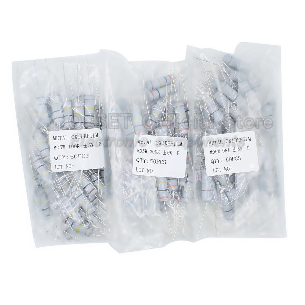 50Pcs 5W Carbon Film 4Color Ring Resistors 5% 5W 10R 20R 47 100 470 Ohm 1K 4.7K 10K 47K 100k 200k 470k Ohms Oxide Film Resistors