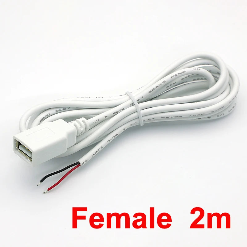 0.3m/1m/2m USB Power Supply Cable 2 Pin USB 2.0 A Female Male Charger Charging Cord Extension Connector DIY White Wire