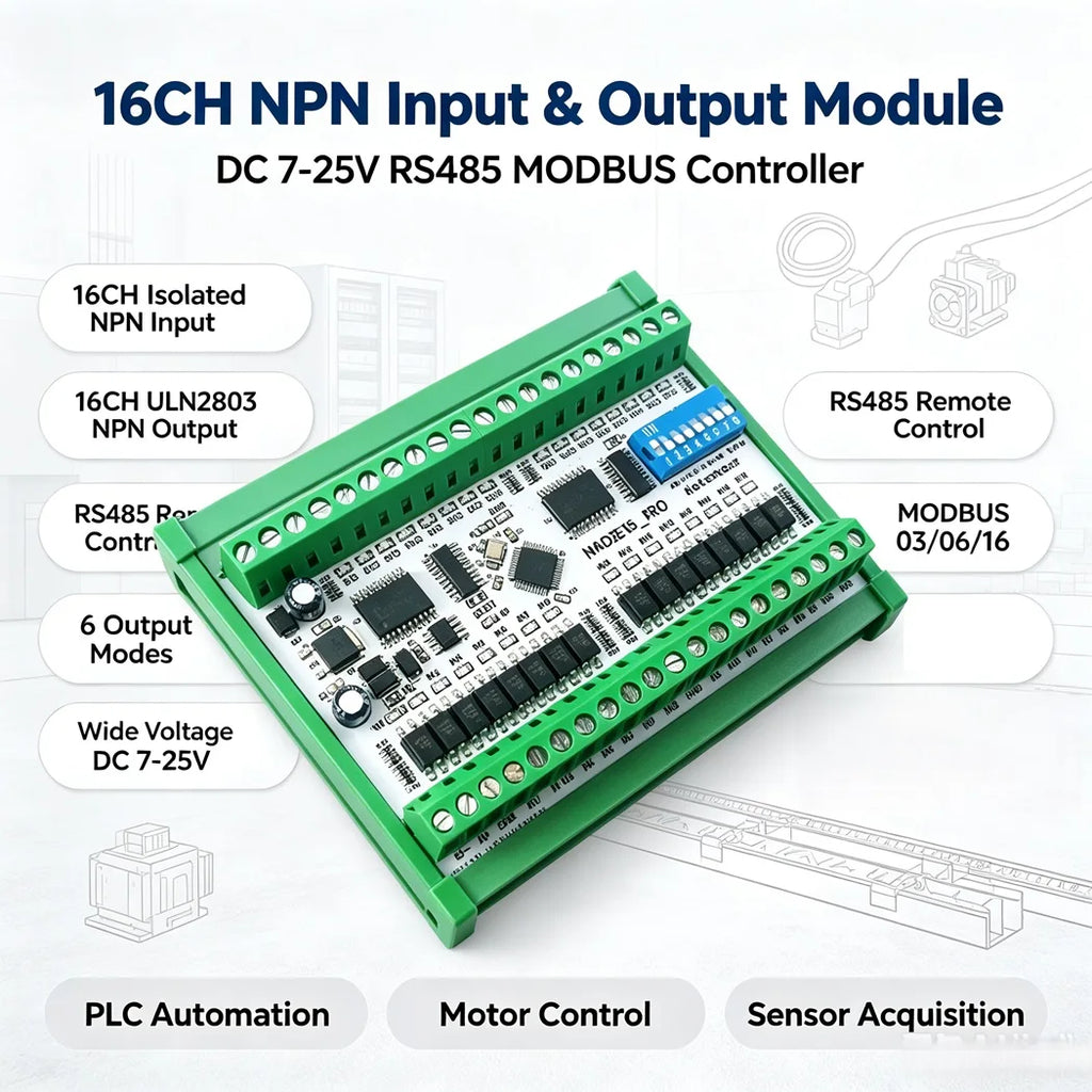 16CH Opto Isolated NPN Input ULN2803 Darlington Output Modbus RTU IO Module DC7-25V Six Working Modes DIN Rail Optional