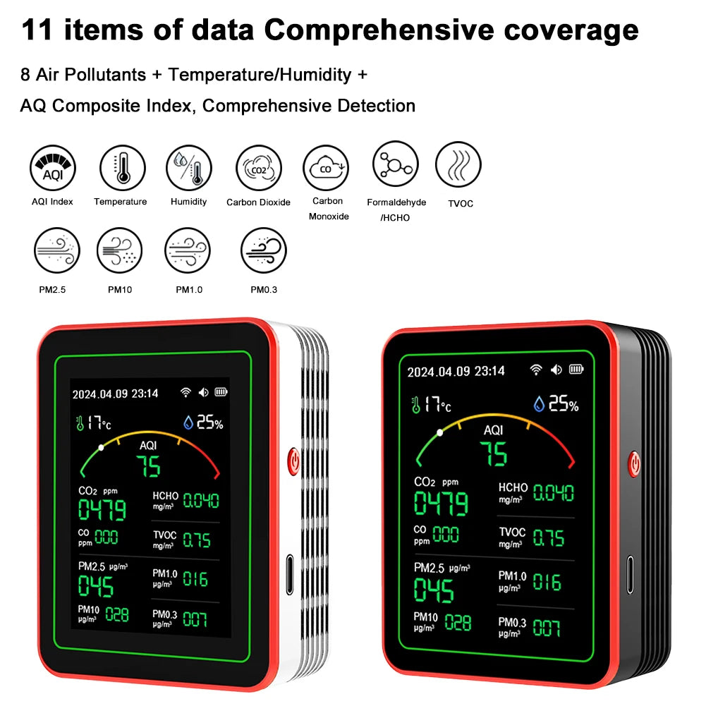 Home Air Quality Monitor Tuya WiFi 15 in 1 TFT Display Portable AQI PM0.3 PM1.0 PM2.5 PM10 CO CO2 TVOC HCHC Tester APP Co 이산화탄소