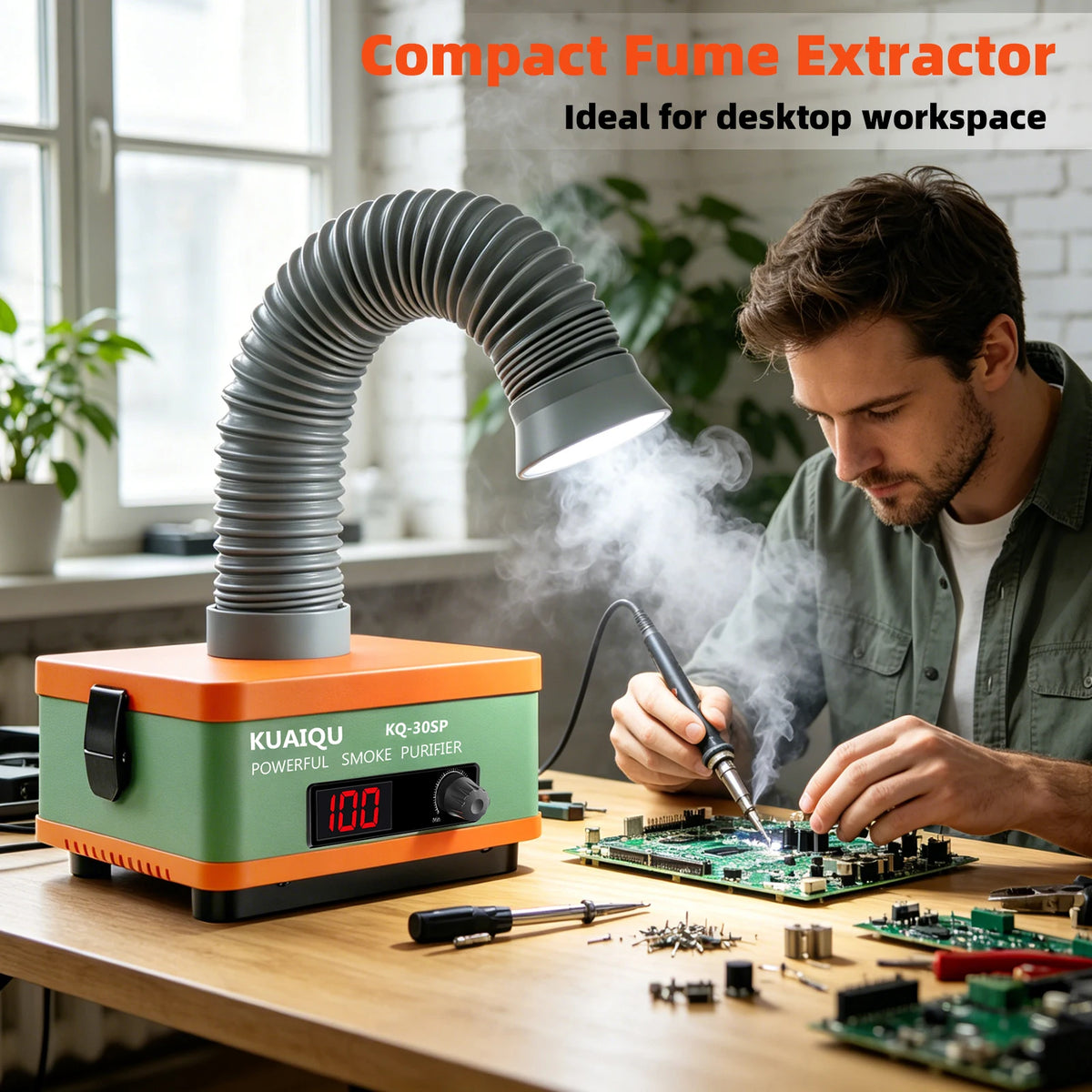 KUAIQU Solder Fume Extractor For Electronics Repair Desktop Smoke Absorber H13 HEPA Carbon Filter Filter Replacement Reminder Adjustable Airflow 1–100% LED Display Real-time Runtime Tracking PCB Soldering Station Flux Fume
