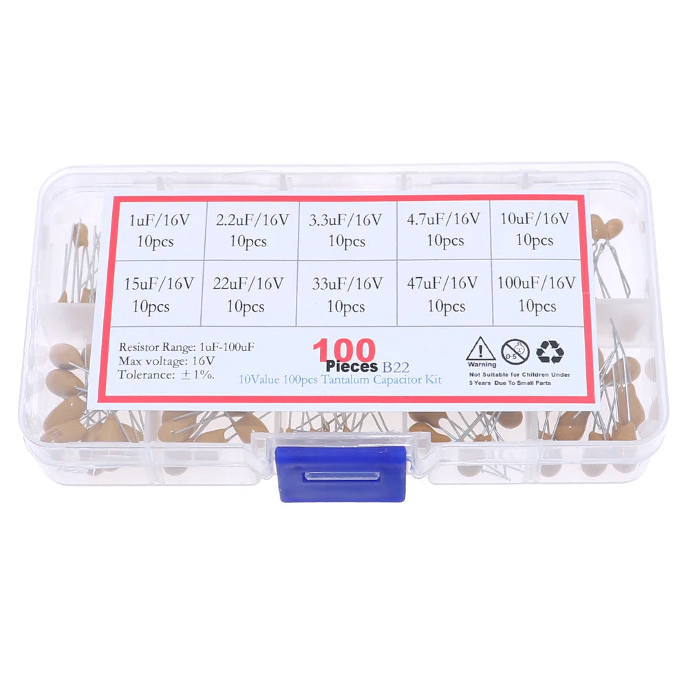 100pcs 10values x 10pcs 16V Tantalum Capacitor Assortment Kit 1uF 2.2uF 3.3uF 4.7uF 10uF 15uF 22uF 33uF 47uF 100uF