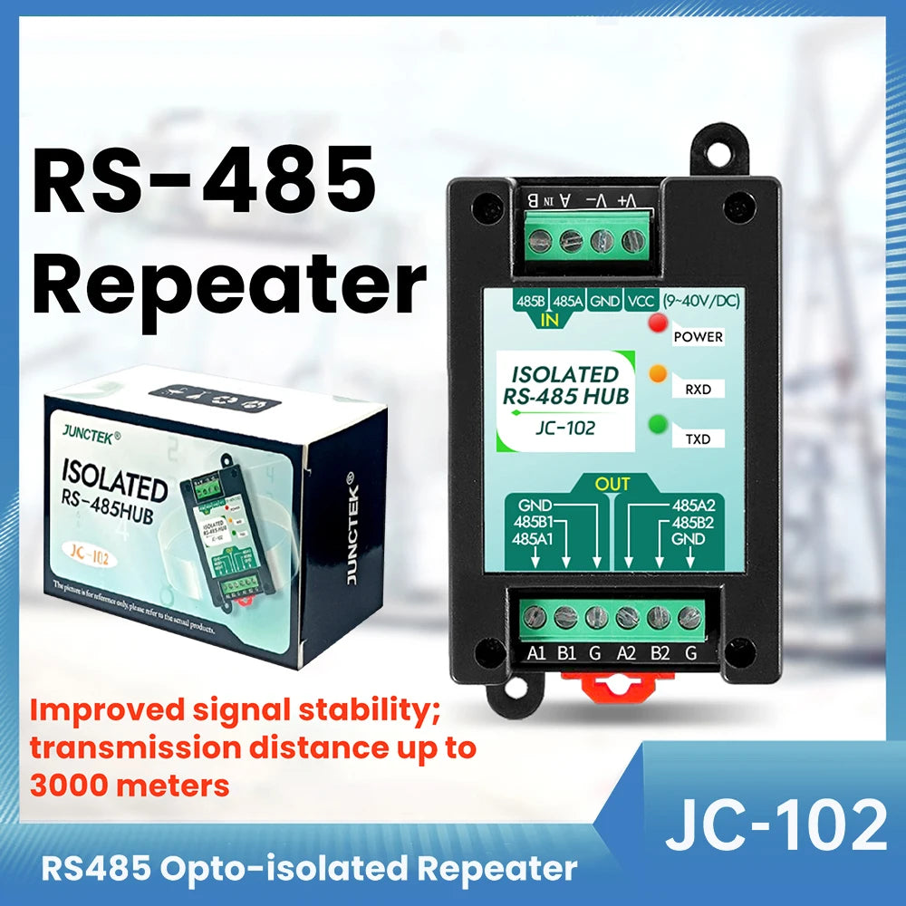 DC 9-40V RS485 2-Way Opto-Isolated Repeater Industrial-Grade 485 Hub 2-Port Anti-Interference Surge-Protected Signal Amplifier