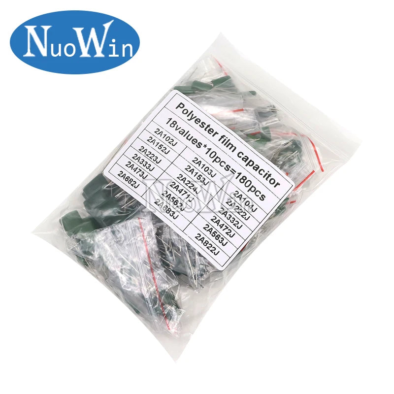 180pcs=18value*10pcs Polyester film capacitor Assorted Kit contains 2A104J 2A332J 2A472J 2A103J 2A333J 2A473J 2A563J 2A223J