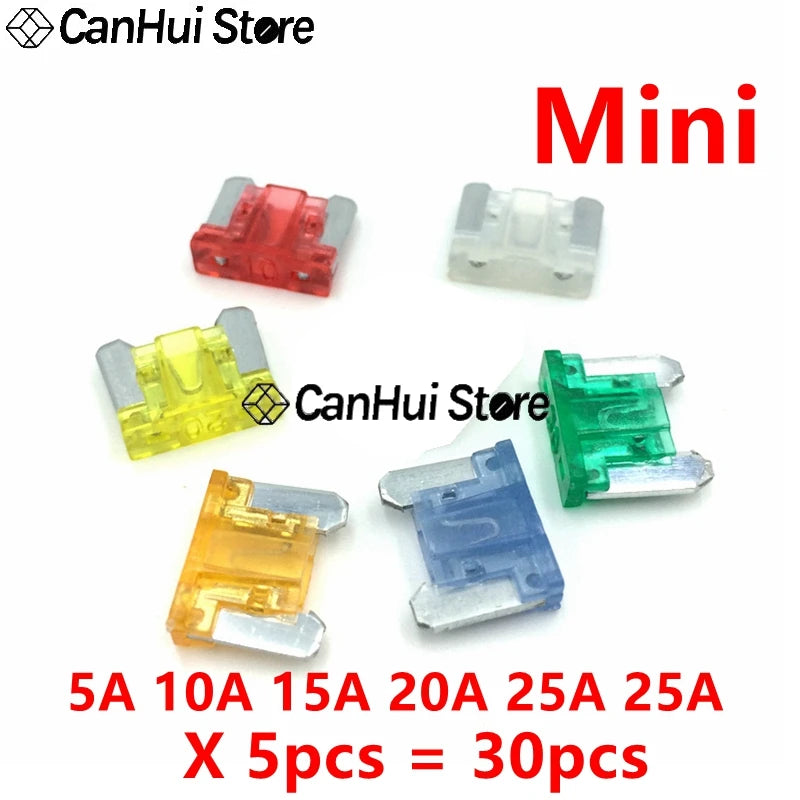 30pcs 5A10A15A20A25A30A x 5pcs M2/Mini/Small/Medium Car Fuses Set Mixed Mini Standard Blade Fuse for Auto Truck Automotive Boat