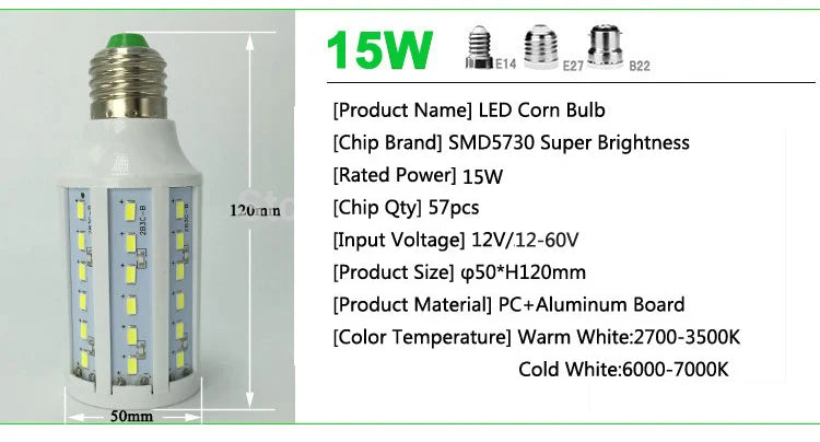 12-60v led corn bulbs smd 5730 12v 24v 36v 48v 60v LED corn light 7w 10w 15w 18w 25w 30W E27 B22 warm/cool white