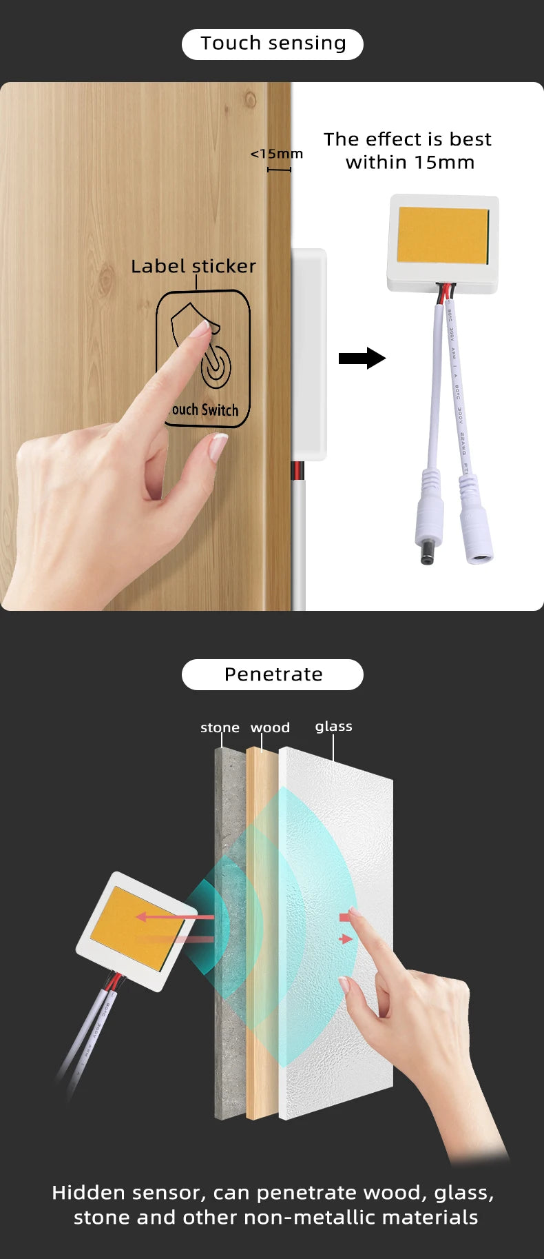 Ultra-thin Penetrating Wood, Marble, Ceramic, Touch-Sensitive Switch 12V 5A 60W LED Touch-Sensor with Stepless Dimming Function