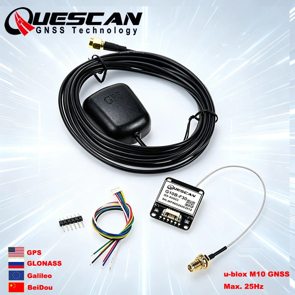QUESCAN G10B-F30 M10 GPS GNSS Module with Active Antenna GPS GLONASS Galileo Beidou Receiver,UBX-M10050-KB,Accuracy 1.0 m,1-25Hz