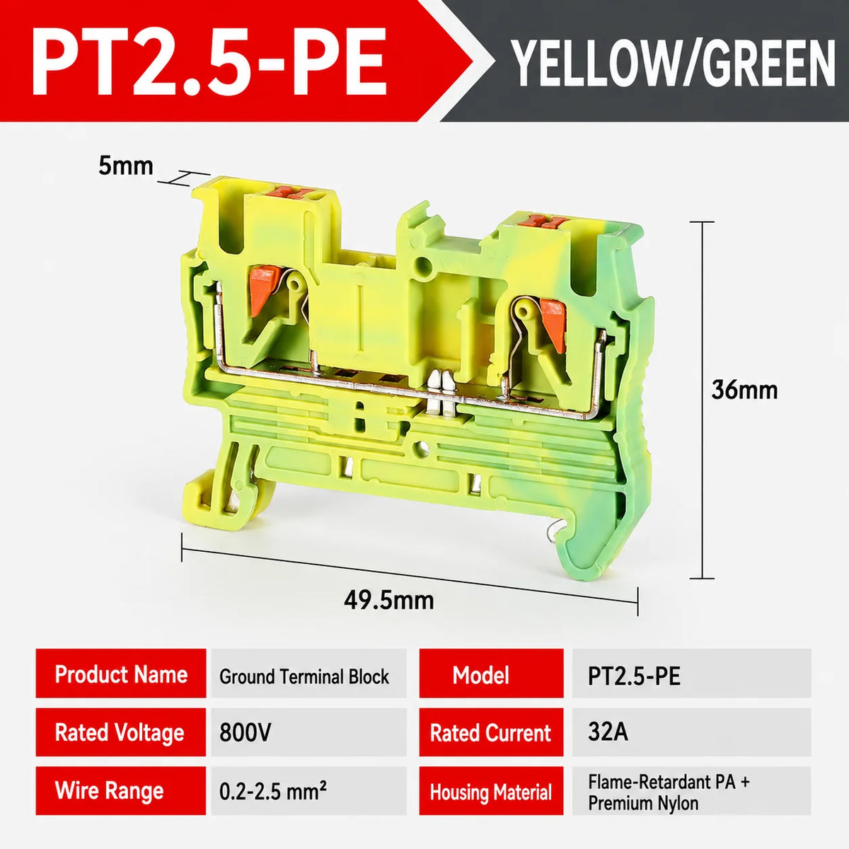 1-50Pcs PT2.5 Feed Through Terminal Block Push In Spring Connector 800V 32A 0.2-2.5mm2 DIN Rail NS35 Screwless Electrical Wiring