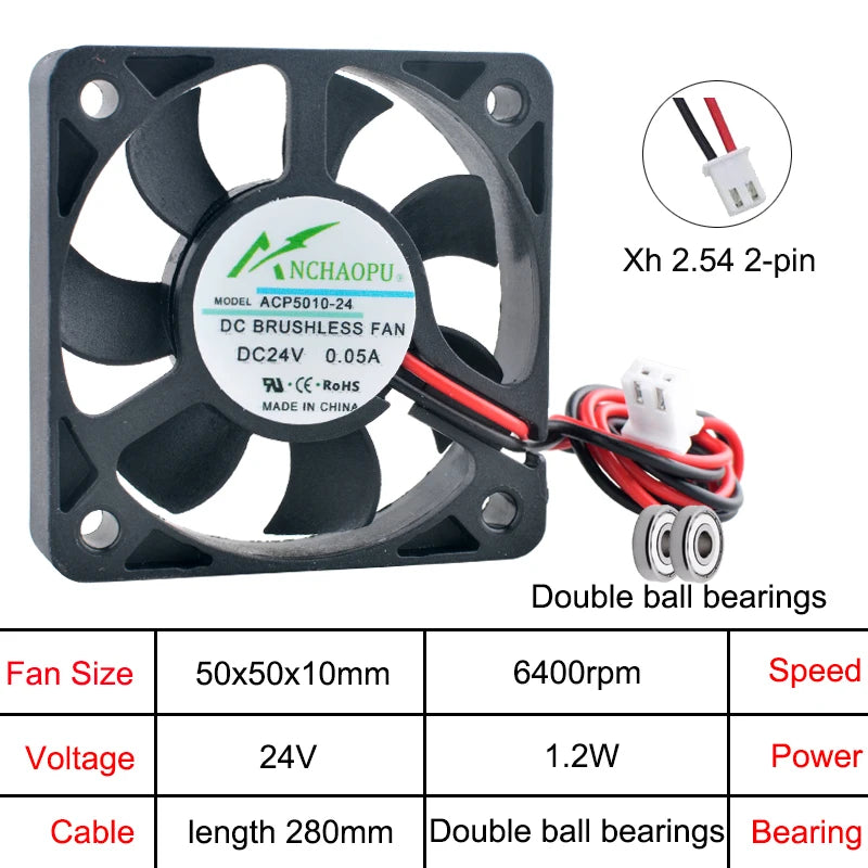 ACP5010 50x50x10mm Axial Cooling Fan 2-Pin DC 5V/12V/24V 50mm for Power Supply Charger Frequency Converter - Computer Case Fans