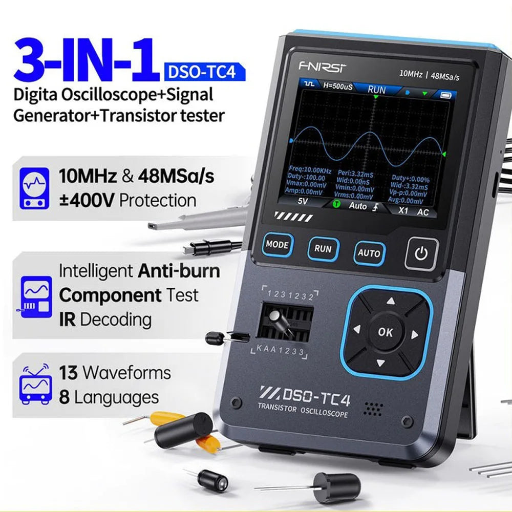 FNIRSI®DSO-TC4 3-IN-1 10MHz 48MSa/s Digital Oscilloscope Transistor Tester, LCR-P1 Multifunction LCR Transistor Capacitor Tester