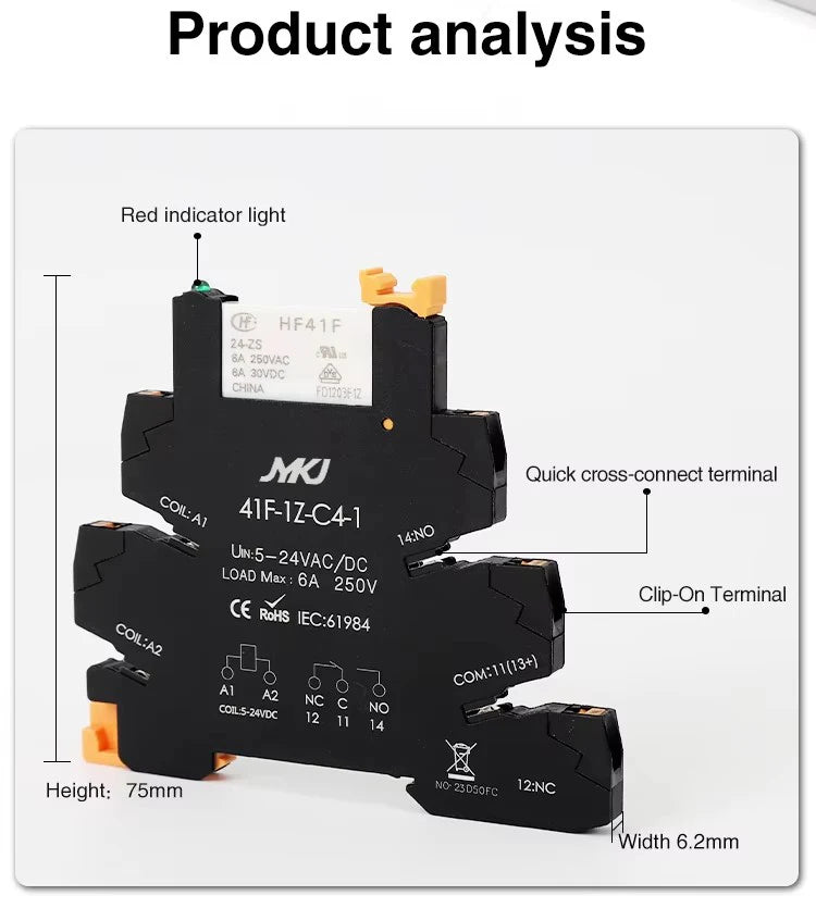Din Rail Slim Relay Module 41F-1Z-C4-1 Integrated PCB Mount Power Relay With Relay Holder  Relay Socket 6.2mm