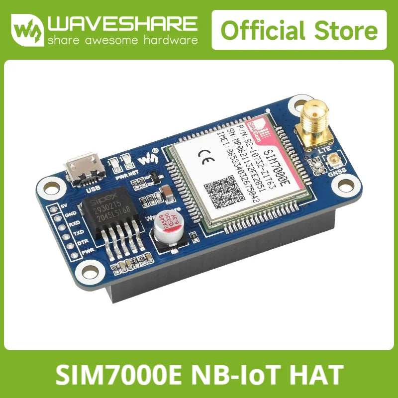 Waveshare SIM7000E NB-IoT / Cat-M / EDGE / GPRS HAT for Raspberry Pi, GNSS, for Europe, Africa, Australia, Southeast Asia
