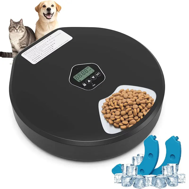 Automatic Cat Feeder 5 Meals Programmable Timer Rechargeable with 2 Ice Packs for Kitten Small Dog Pet Food Dispenser