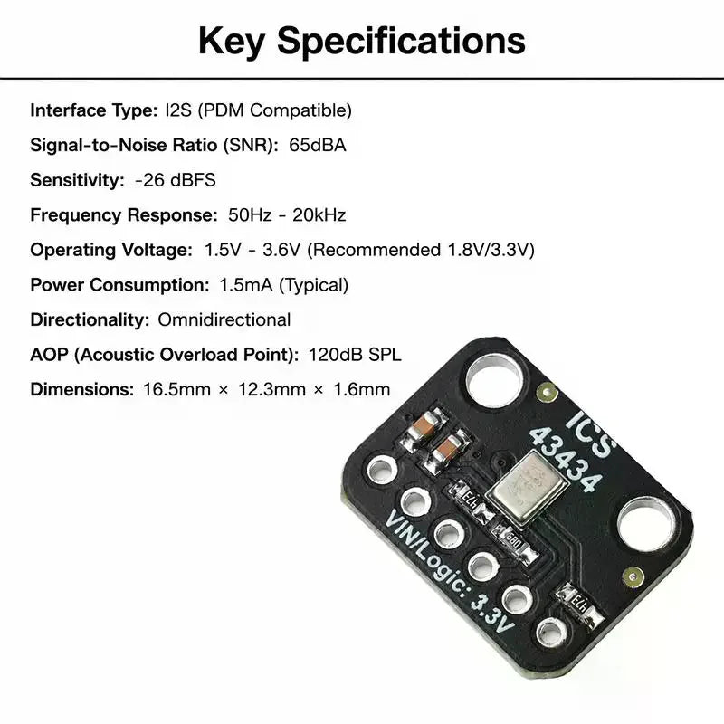 ICS-43434 I2S MEMS Microphone Module Breakout Low-Pass: Mini Filter Smart Voice Recording RC Drones