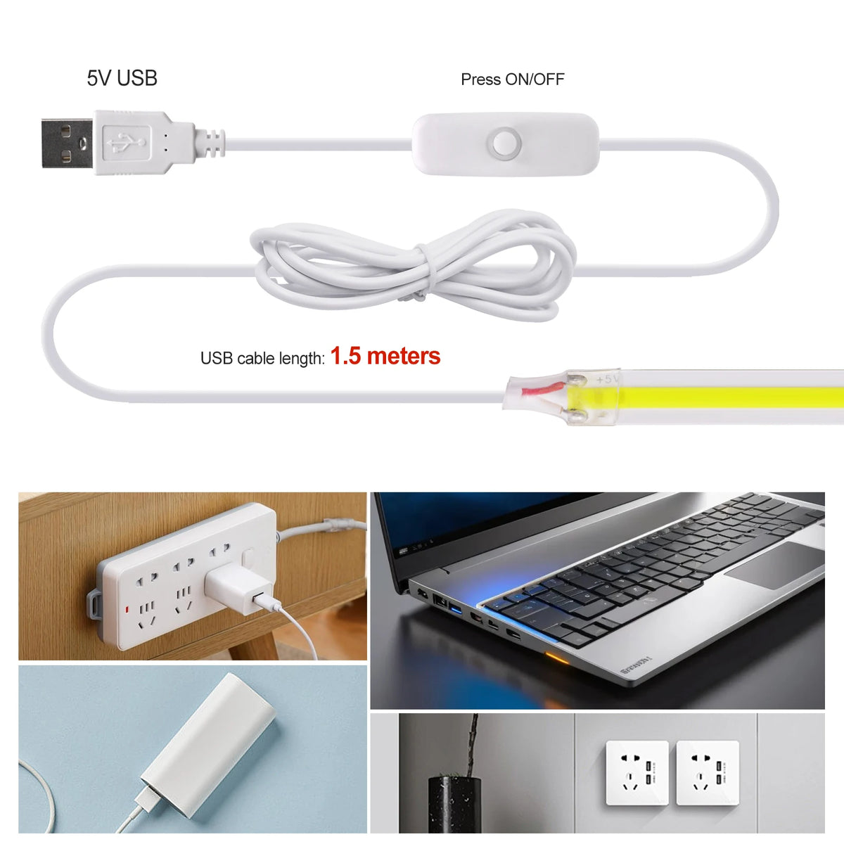 3MM 5MM 8MM COB LED Strip With 1.5M ON/OFF Switch 5V USB 320LEDs/m Warm White Red Green Blue Yellow Pink Flexible Tape for Room