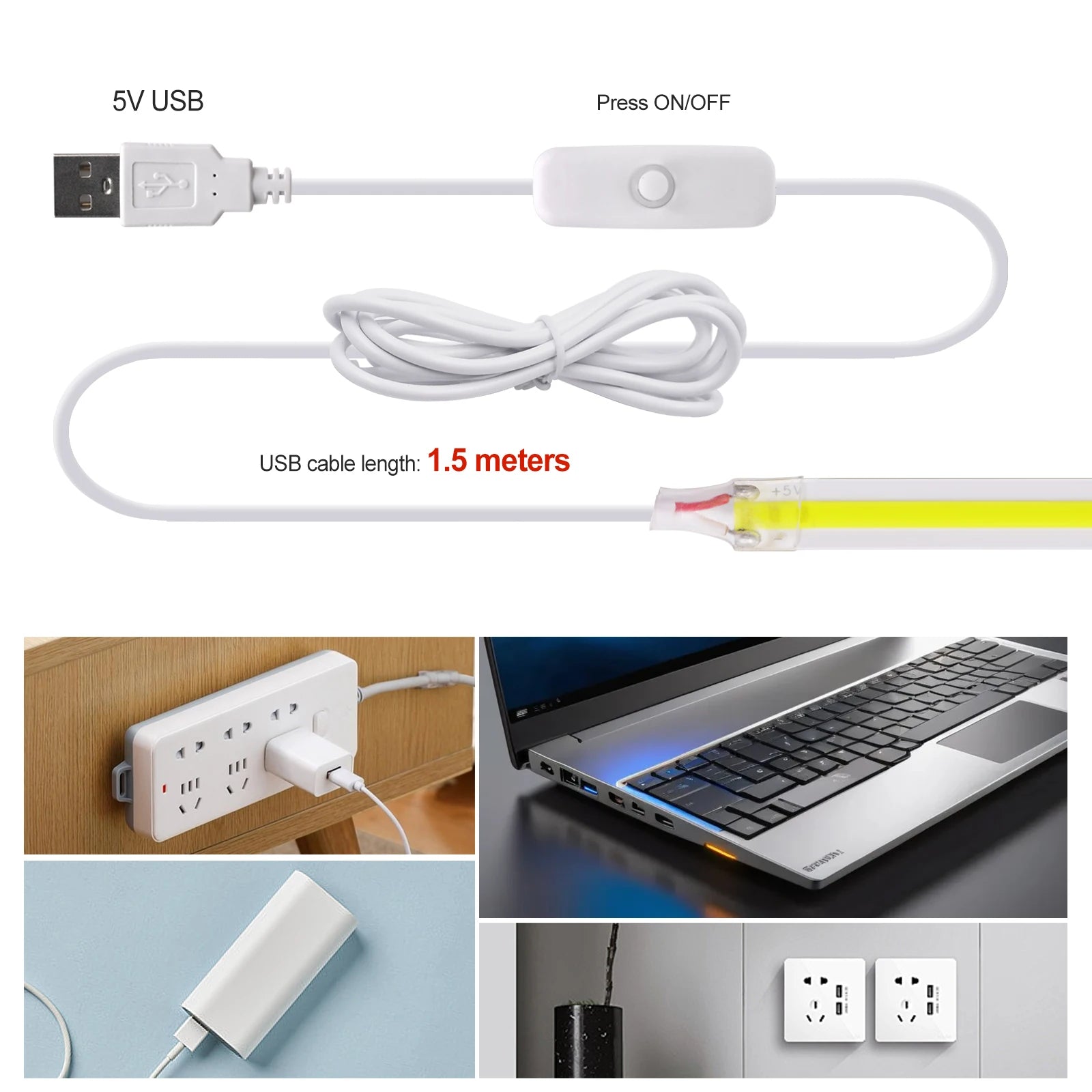 3MM 5MM 8MM COB LED Strip With 1.5M ON/OFF Switch 5V USB 320LEDs/m Warm White Red Green Blue Yellow Pink Flexible Tape for Room