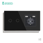 BSEED EU Standard 1/2/3Gang 2Way Wall Touch Switch Light Sensor Switches Wall Socket USB Type-C Crystal Glass Panel 240V Black