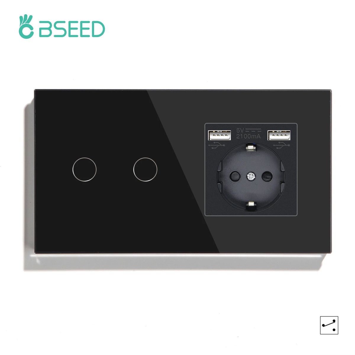 BSEED EU Standard 1/2/3Gang 2Way Wall Touch Switch Light Sensor Switches Wall Socket USB Type-C Crystal Glass Panel 240V Black