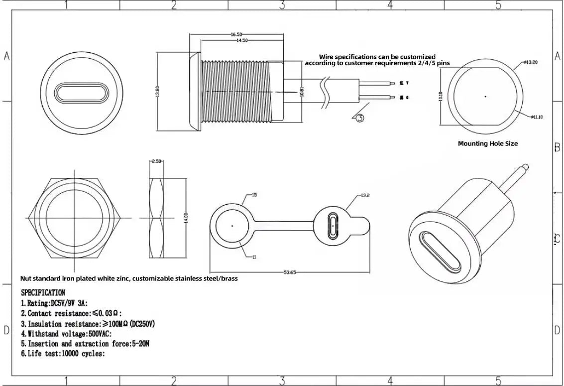 TYPE-C USB Connector 2/4 Pins With 15cm Wire Waterproof Female Seat With PH2.0 Terminal Nut Lock Plate