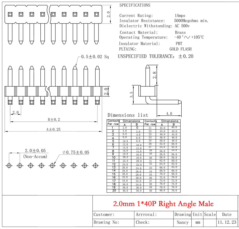 10CS Pitch 2.0mm 1x40 2x40 Pin Single Double Row Right Angle Straight SMT SMD Round Male Header Connector